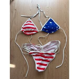 B24 New Women AMI 1pc Patriotic American Flag Strappy Bikini Cheek Ruched Medium